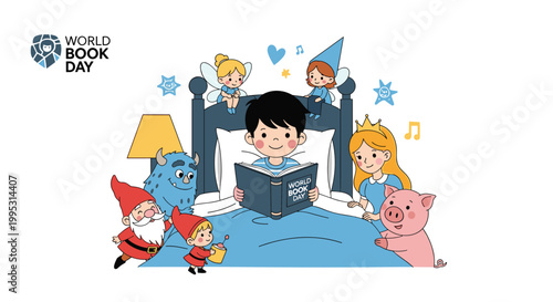 Young boy reading a book in bed on World Book Day while surrounded by magical fairy tale characters and monsters.