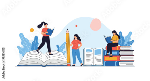 Group of students and people reading and studying on giant open books and stacks in a creative library setting.