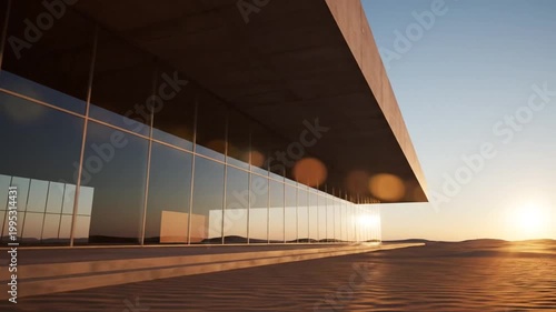Modern concrete building in desert at golden hour sunset