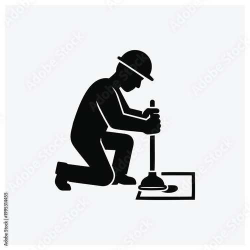 Silhouette of a worker mopping the floor with a mop, cleaning service worker, janitor mopping.