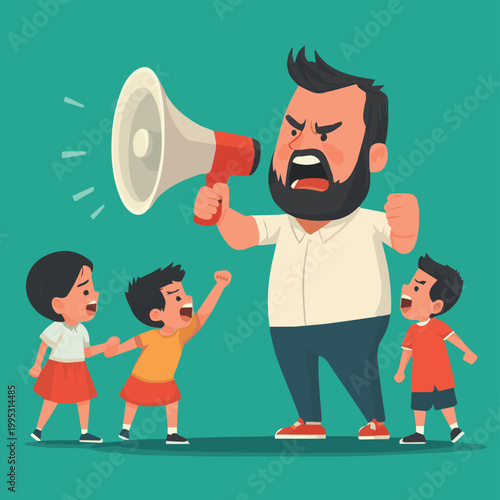 A stern adult uses a megaphone to address unruly children, showcasing authority and communication dynamics.