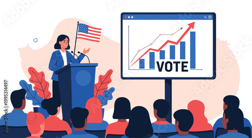 Female candidate giving a political speech at a podium with a US flag and a chart showing various voting trends.