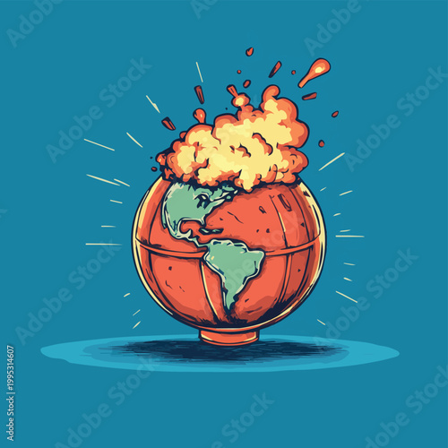An illustration of a globe with erupting flames, symbolizing environmental challenges and climate change.