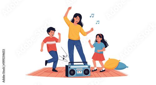 Woman and two children dancing happily together to music from a boombox on a rug in their colorful living room.