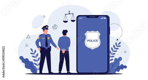 Police officer and a criminal suspect standing next to a large smartphone with a police shield icon on the screen.