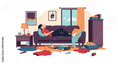 Young woman sleeping soundly on a couch in a messy living room with clothes and objects scattered all everywhere.