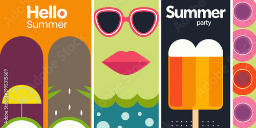 Colorful summer themed vertical banners with icons and text