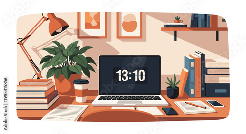 Organized home office desk with a laptop displaying a digital clock books a green plant and a cup of hot coffee.