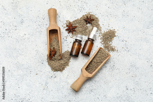 Bottles of essential oil wi...