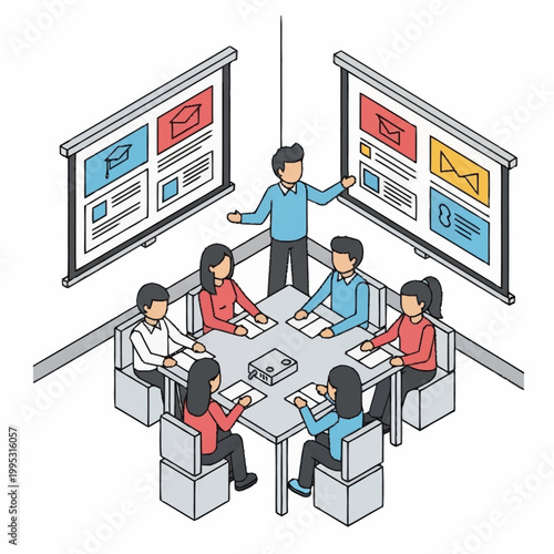 Business meeting with presentation and teamwork.