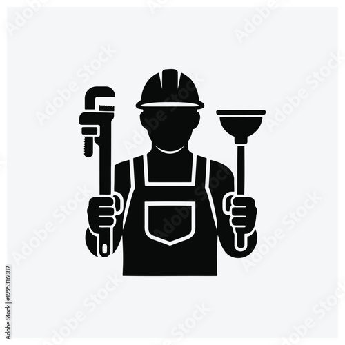 Silhouette icon of a worker in overalls holding a wrench and a trowel.