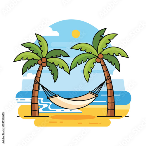 A hammock between two palm trees on a beach