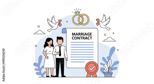 Illustration of a happy young couple standing beside a giant marriage contract document with wedding rings and doves in the background.
