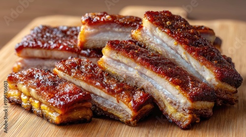 Crispy roasted pork belly slices served on a wooden board with savory glaze and rich texture for culinary delights