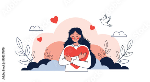 Young woman peacefully embracing a large red heart surrounded by soft clouds and botanical leaves representing emotional health.