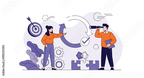 Two business professionals collaborating on a project with gears, arrows, a target, and puzzle pieces representing strategic planning.