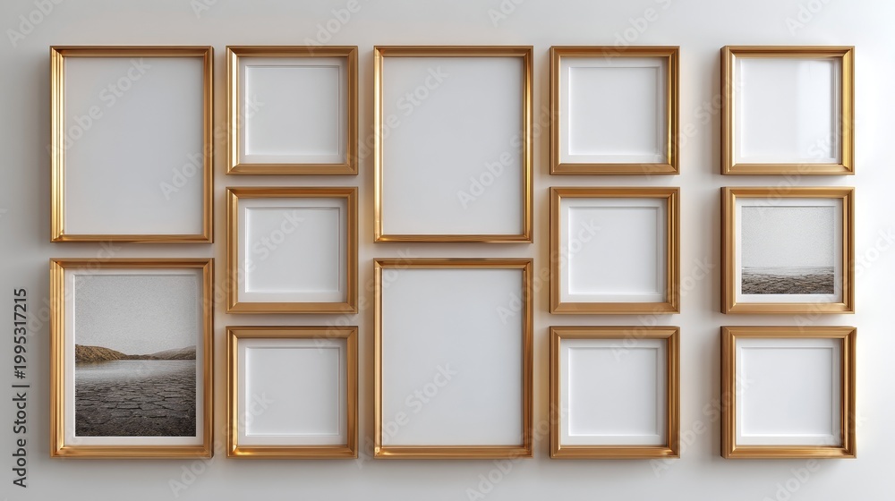 Fototapeta premium Nine blank golden picture frames with thin wooden edges on a clean white wall, minimalist design, simple modern interior, isolated background, elegant empty frames for creative display or mockup.