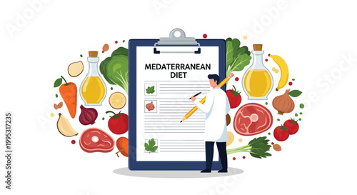 Professional nutritionist writing on a clipboard titled Mediterranean Diet surrounded by various fresh fruits and vegetables.