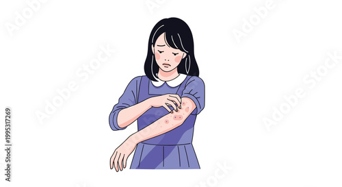 Young woman feeling distressed while scratching her arm which is covered in red itchy spots representing an allergic reaction.