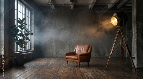 Interior scene with a vintage armchair and spotlight in a loft studio