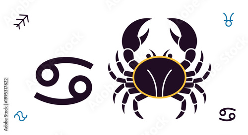 Cancer zodiac sign featuring a detailed purple crab and the traditional astrological symbol on a clean background.