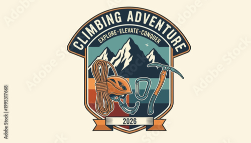 Climbing adventure logo with mountains and gear.