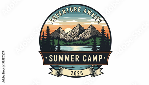 Summer camp adventure logo with mountains.