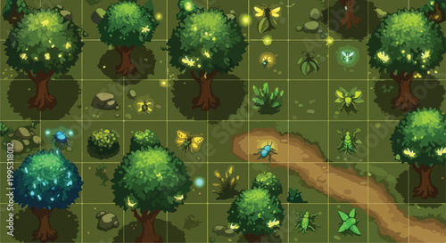 Pixel art forest game map, top-down tactical RPG battle grid with trees and glowing fireflies, fantasy woodland environment vector background