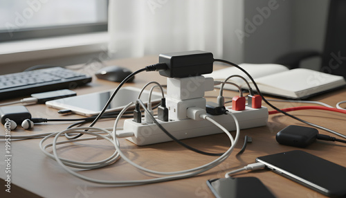 Overloaded power strip charging multiple electronic devices