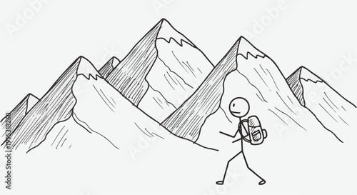 Hiking, mountain climbing, adventure travel, trekking vector illustration, backpacker, stick figure