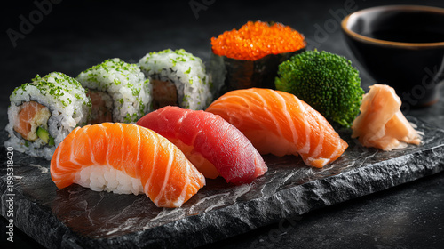 Premium Sushi Selection with Fresh Fish and Wasabi Garnish