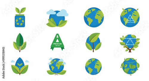 Eco friendly flat icons set, 12 green environment and earth day symbols, sustainable nature conservation vector elements for web design