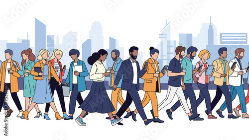 Large group of diverse city dwellers walking through a metropolitan area while checking their smartphones in a busy urban city street scene.