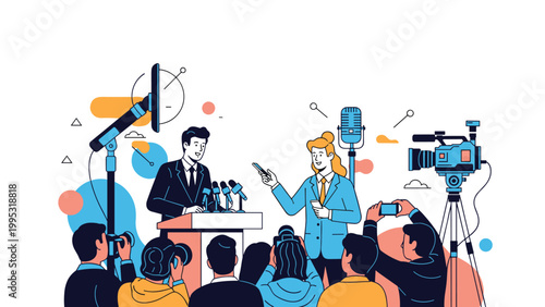 Professional press conference scene with a man at a podium addressing a crowd of journalists holding microphones and cameras for news.