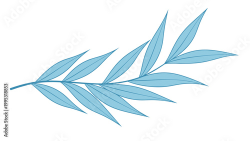 Graceful illustration of a long slender branch with many narrow leaves in soft blue tones on a plain white background for minimalist art.