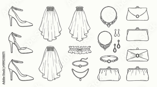 Elegant bridal accessories collection heels veils jewelry and clutches in detailed line art