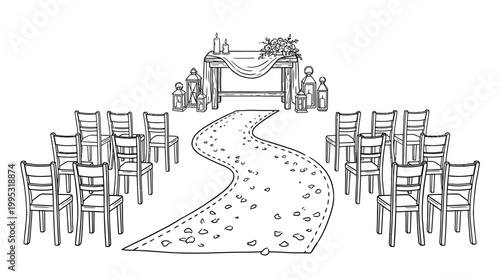 Wedding ceremony illustration chairs aisle altar and floral decorations