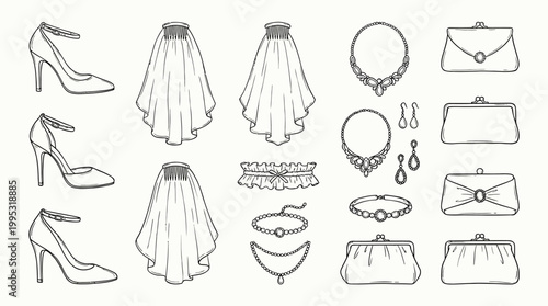 Elegant bridal accessories collection heels veils jewelry and clutches isolated
