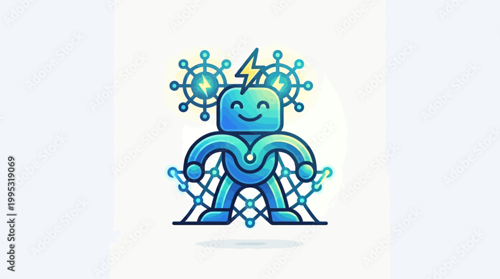 Fototapeta premium Cheerful Blue Robot Character with Lightning Bolt and Corona Virus Design.