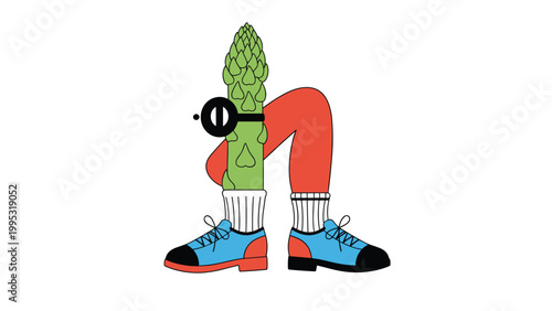 Whimsical vegetable character with an asparagus body wears red pants, blue shoes, and black-rimmed glasses in this unique surreal artwork.