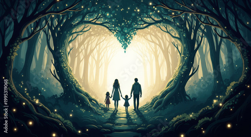 Family walking hand in hand through magical forest pathway for International Family Day