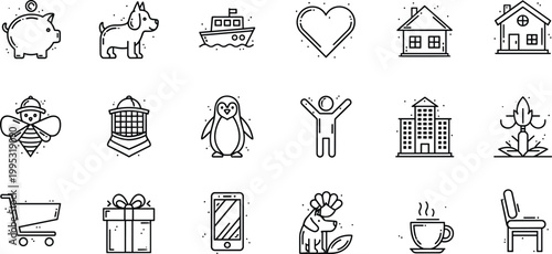 Lifestyle icons set with home shopping gift coffee minimal outline vector collection everyday symbols design elements