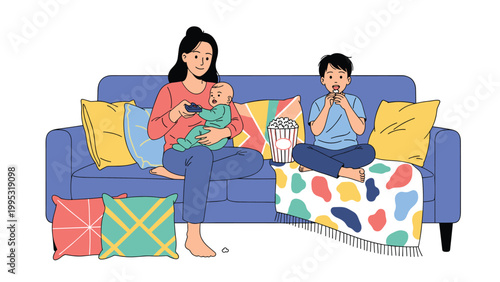 Family enjoys a cozy evening together on a blue sofa watching television while the children eat popcorn and relax with their mother.