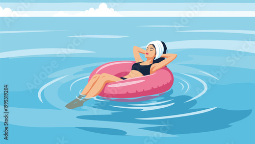 Young woman relaxes peacefully while floating in a pink inflatable ring on calm blue ocean waters under a clear and bright summer sky.