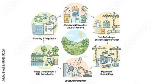 Illustrated Construction Process - Planning, Demolition, and Waste Management.