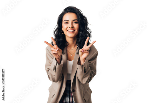 Smiling Young Woman Making Peace Signs Isolated On Transparent Background