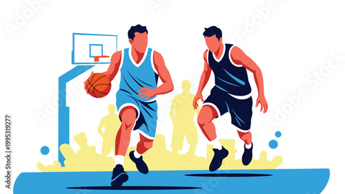 Two basketball players compete intensely on a court during a game with an audience silhouetted against a bright background.