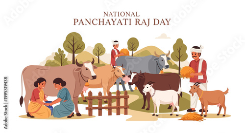 Celebrating National Panchayati Raj Day, a vector illustration depicts rural life in India with women milking cows and farmers tending to livestock against a backdrop of lush trees