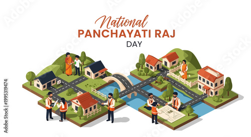Isometric vector illustration depicting National Panchayati Raj Day, showcasing a rural governance system with village council members and residents in a vibrant, conceptual layout