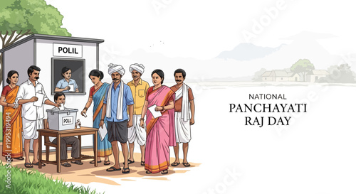 Illustrative design commemorating National Panchayati Raj Day in India features villagers near a polling station, emphasizing local self-government with a focus on rural governance systems